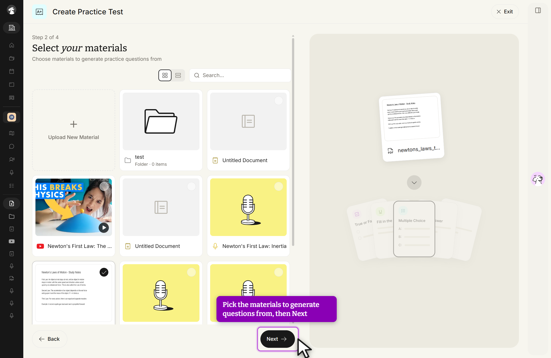 The Create Practice Test screen at Step 2 of 4, Select your materials, with the subtitle Choose materials to generate practice questions from. The grid holds an Upload New Material tile plus a test folder, two Untitled Document items, a Newton's First Law video, two audio recordings, and a Newton's Laws of Motion study-notes document that is checked. Back and Next buttons sit at the bottom.
