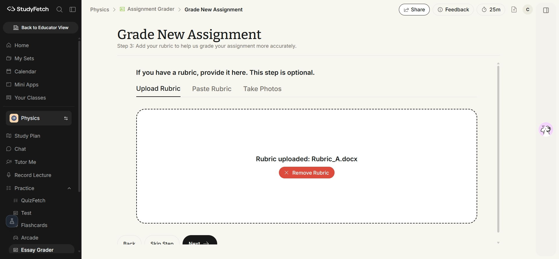 The Grade New Assignment page, Step 3: Add your rubric, with the Upload Rubric tab selected alongside the Paste Rubric and Take Photos tabs. The upload area shows a Rubric uploaded confirmation with the uploaded file's name and a Remove Rubric button, and a row of Back, Skip Step, and Next buttons runs along the bottom edge.