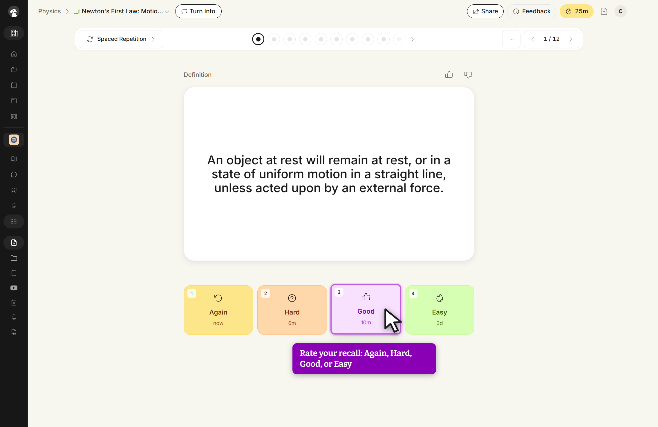 The flashcard study screen in Spaced Repetition mode with the card flipped to its Definition side. Below the card sit four rating buttons numbered 1 to 4: Again now, Hard 6m, Good 10m, and Easy 3d. The toolbar above holds the Spaced Repetition mode selector, progress dots and a card position counter, with thumbs up and thumbs down icons over the card.