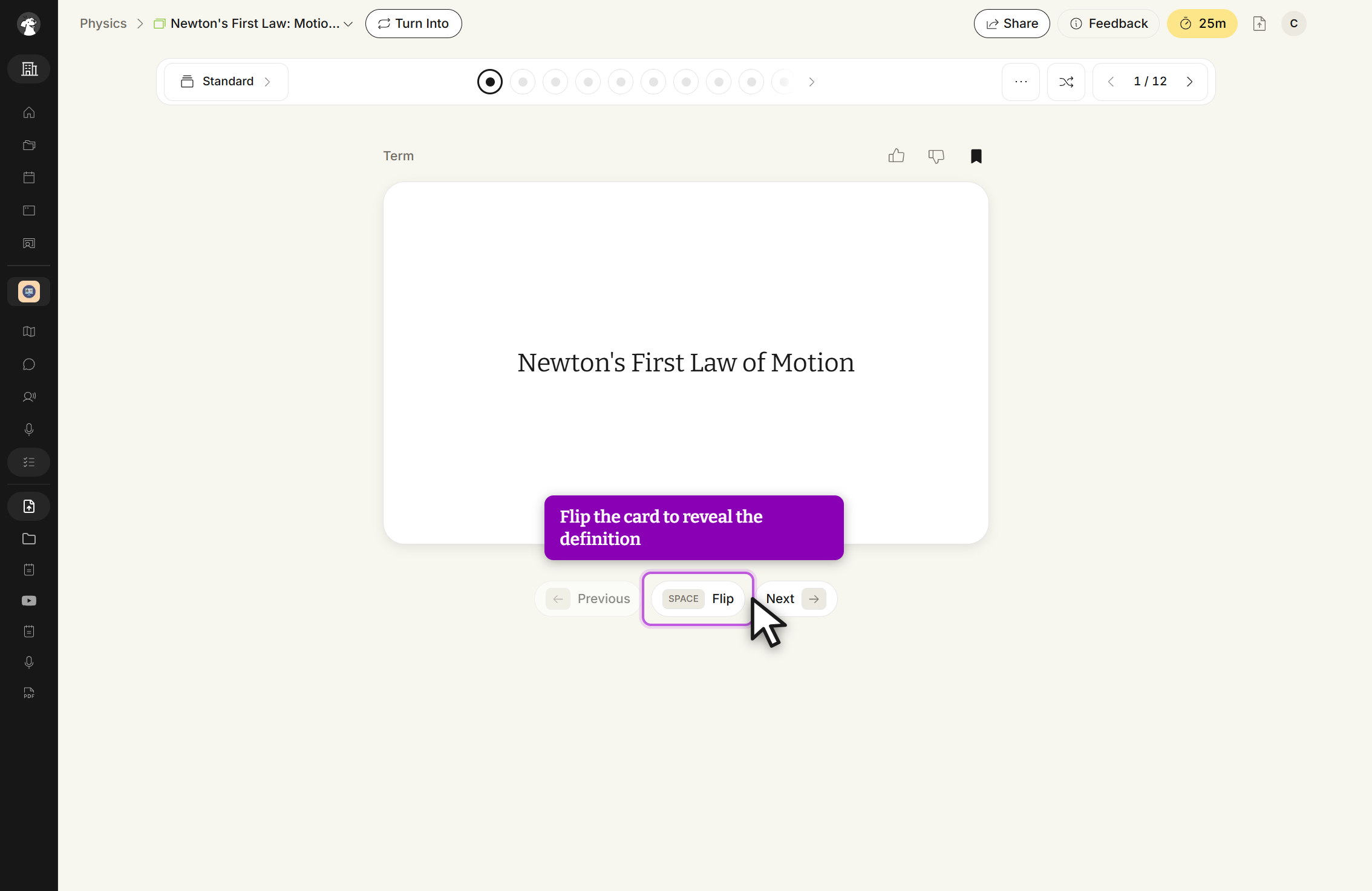 The flashcard study screen in Standard mode. The toolbar holds the Standard mode selector, a row of progress dots, a shuffle icon and a card position counter. The card front is labelled Term, with thumbs up, thumbs down and bookmark icons above it and Previous, SPACE Flip and Next buttons below it.