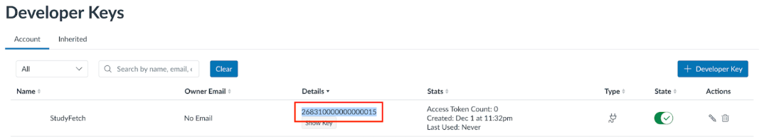 A user interface displaying a list of developer keys, including one named "StudyFetch" with its key ID "268310000000000015", access token count, creation date, and last used status.