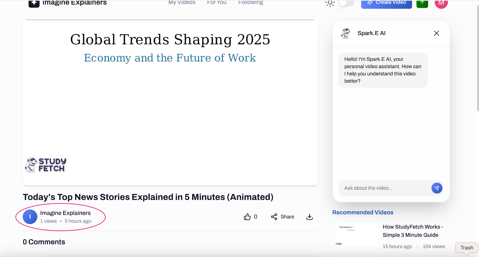 The page for the video Today's Top News Stories Explained in 5 Minutes (Animated), showing a slide that reads Global Trends Shaping 2025, Economy and the Future of Work. A red circle marks the creator name Imagine Explainers, 1 views, 5 hours ago, below the title. The Spark.E AI panel at the right shows its greeting above an Ask about the video... box, with a Recommended Videos list beneath it.