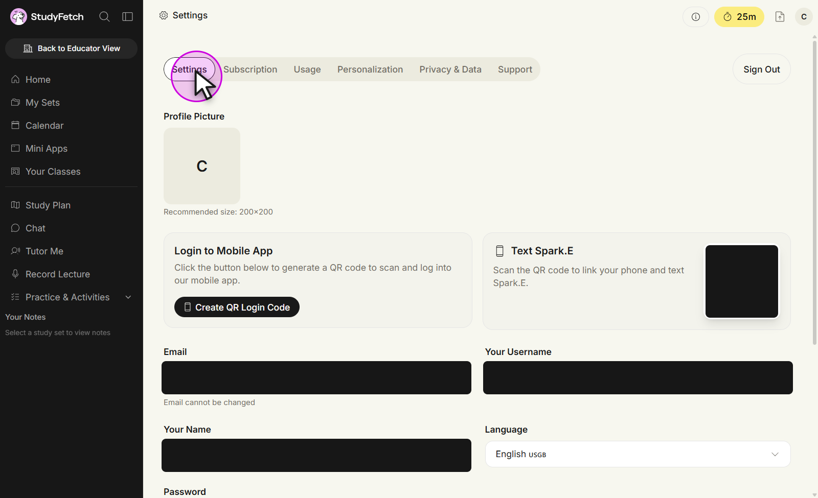 The Settings page of the StudyFetch account settings, with the Sign Out button in the top-right corner of the tab bar.