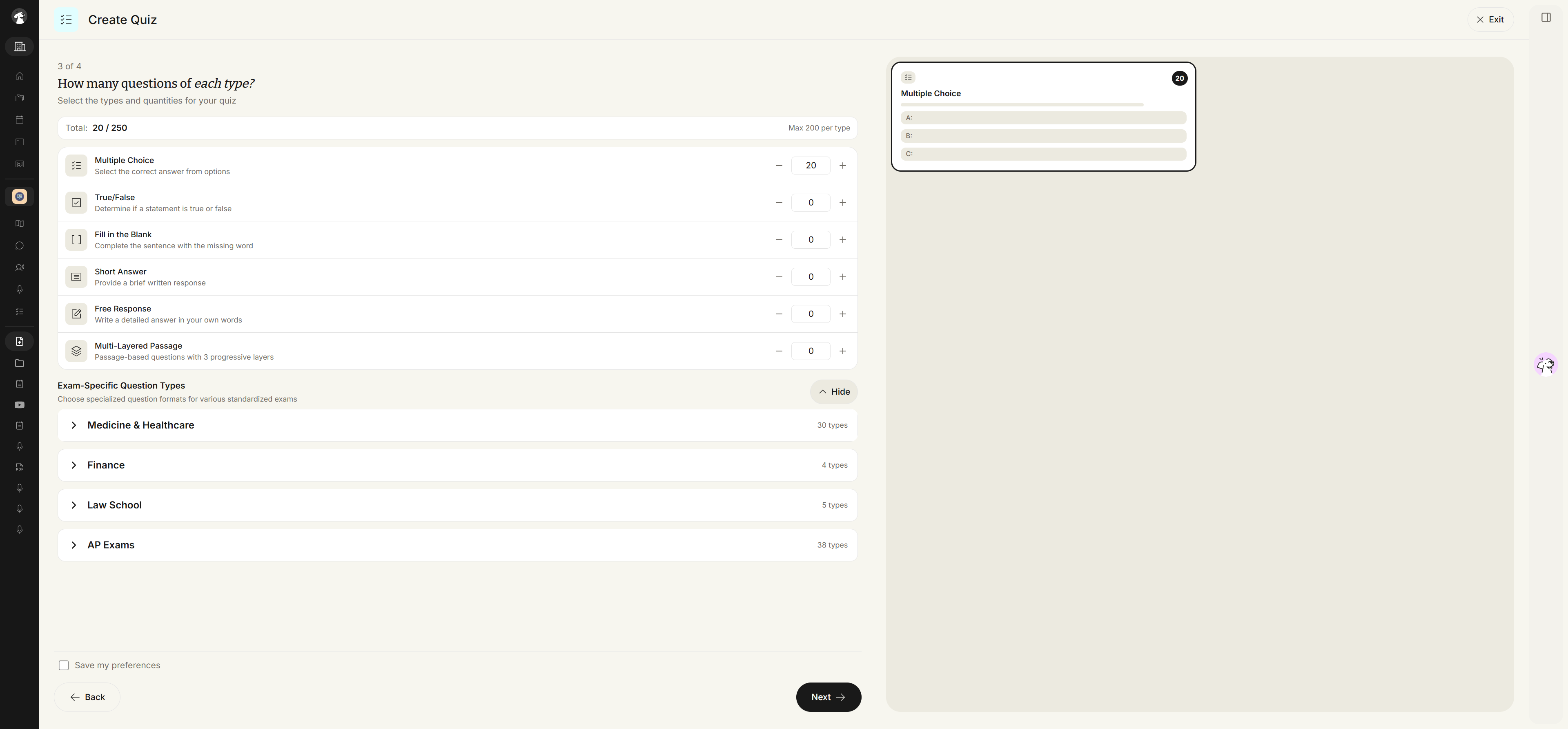Create Quiz at step 3 of 4 with Exam-Specific Question Types expanded, the control now reading Hide. Four collapsed category rows are listed: Medicine & Healthcare, 30 types; Finance, 4 types; Law School, 5 types; and AP Exams, 38 types. The general question types above still show Multiple Choice at 20 and a Total of 20 / 250.