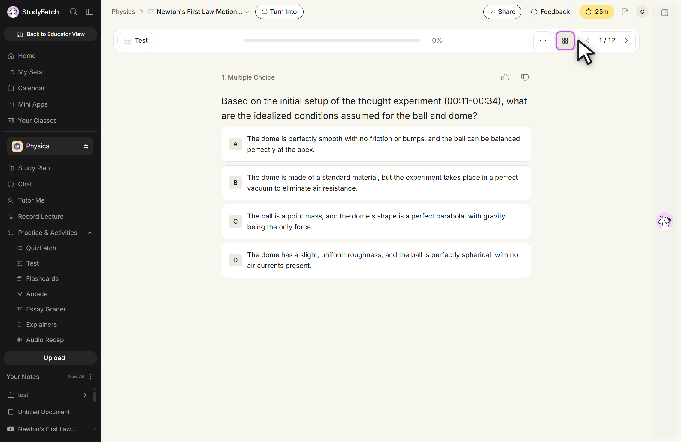 The Test view at question 1 / 12 with the grid button in the toolbar outlined and the cursor over it. The list it opens is not shown. The toolbar also holds the three-dot menu, the progress bar at 0%, and the previous and next arrows either side of the 1 / 12 counter.