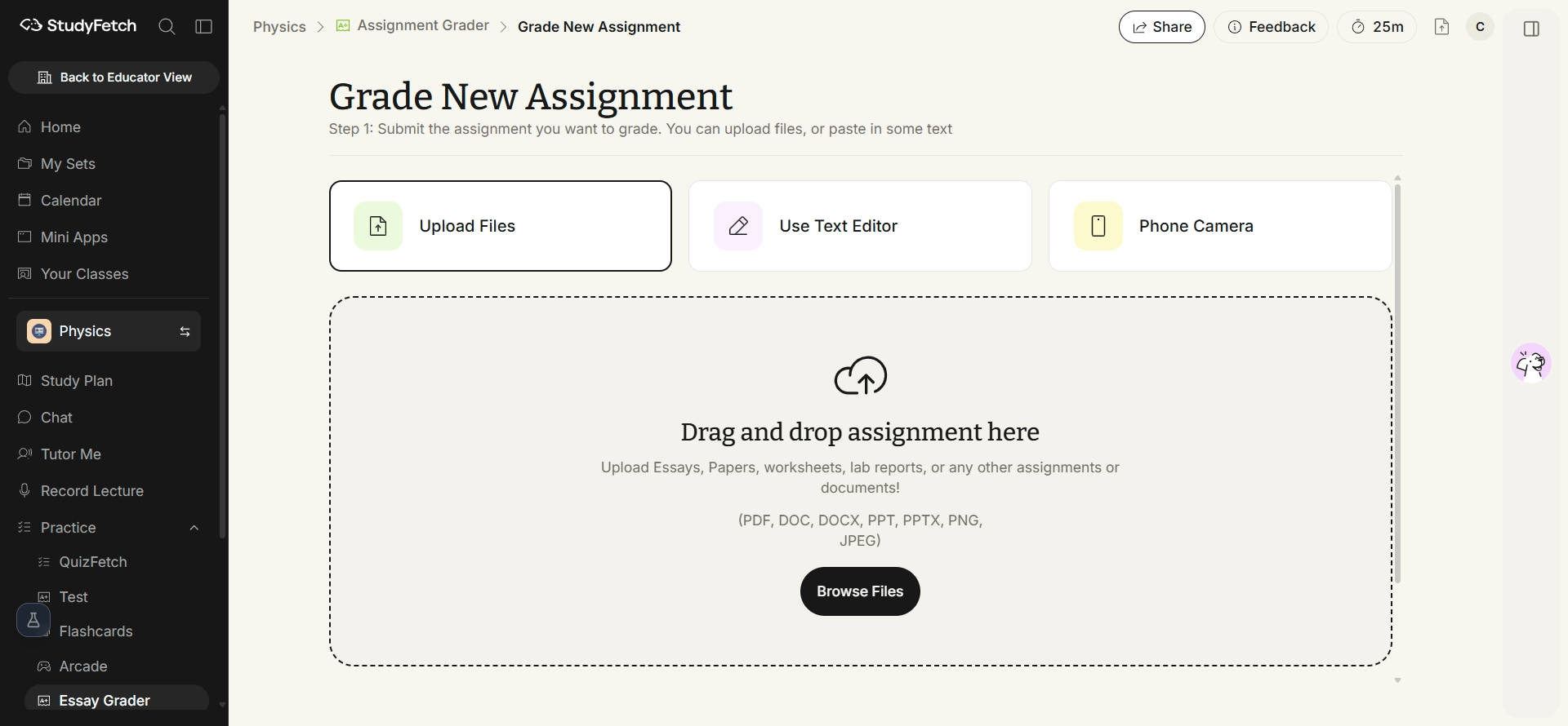 The Grade New Assignment page with Upload Files, Use Text Editor, and Phone Camera options, and a drag-and-drop area for the assignment file.