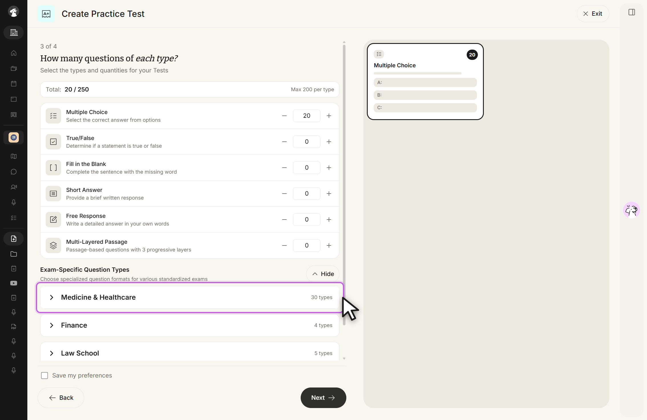 The Create Practice Test screen at 3 of 4 with the Exam-Specific Question Types section opened, its toggle now reading Hide. Three collapsed category rows are visible: Medicine & Healthcare, 30 types; Finance, 4 types; and Law School, 5 types. The list continues below the visible area.