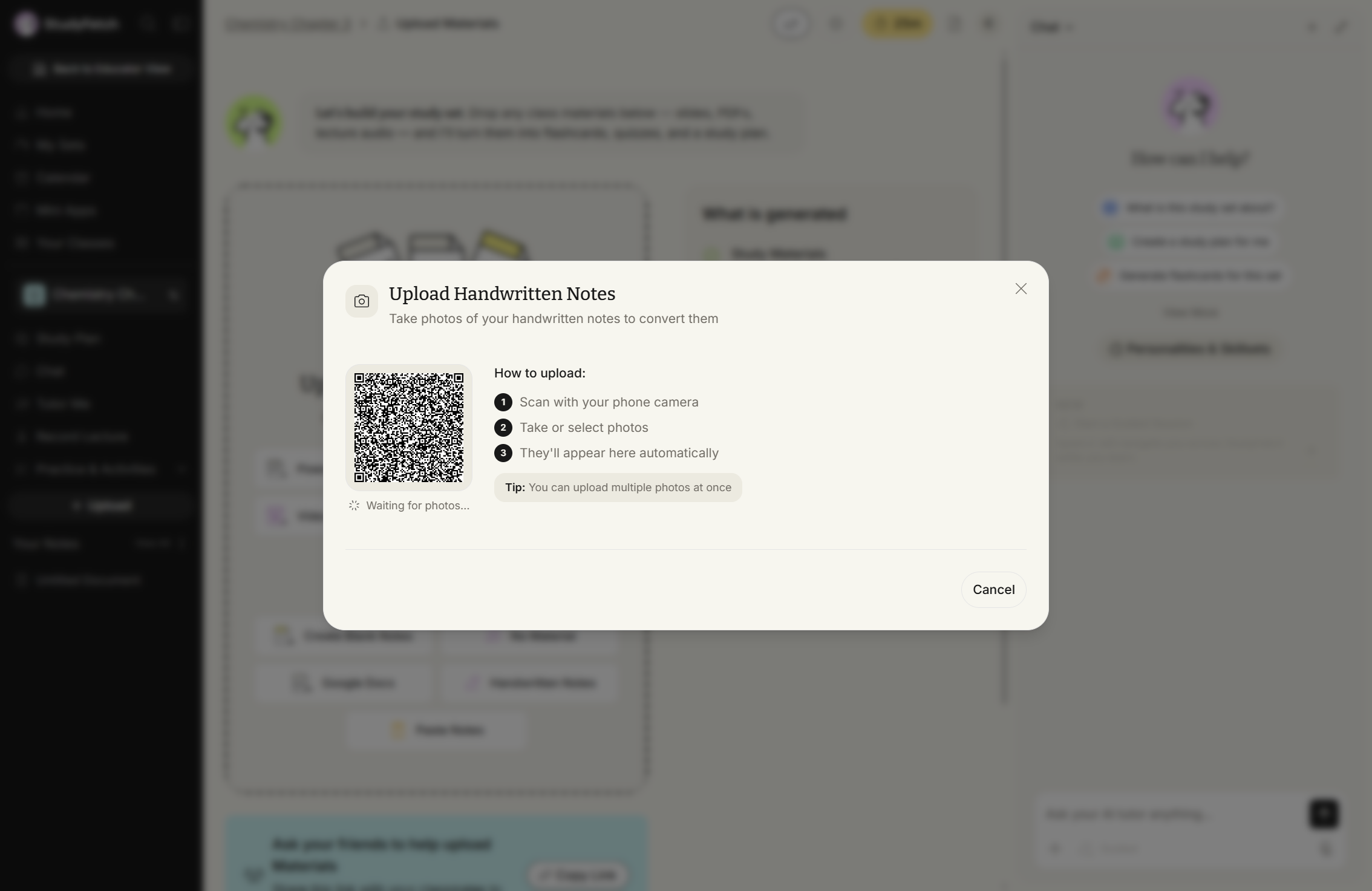 The Upload Handwritten Notes modal, subtitled "Take photos of your handwritten notes to convert them". A QR code sits on the left with the status "Waiting for photos..." beneath it. To the right, a How to upload list reads 1. Scan with your phone camera, 2. Take or select photos, 3. They'll appear here automatically, followed by the tip "You can upload multiple photos at once". A Cancel button sits at the bottom right.