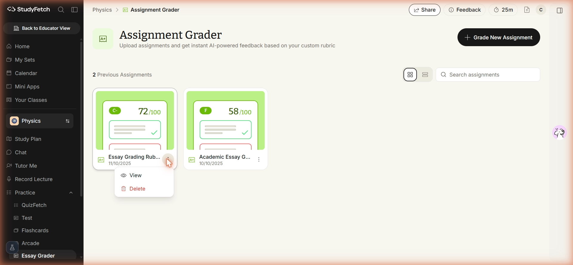 The Assignment Grader page with the card menu open on an assignment, showing View and Delete.