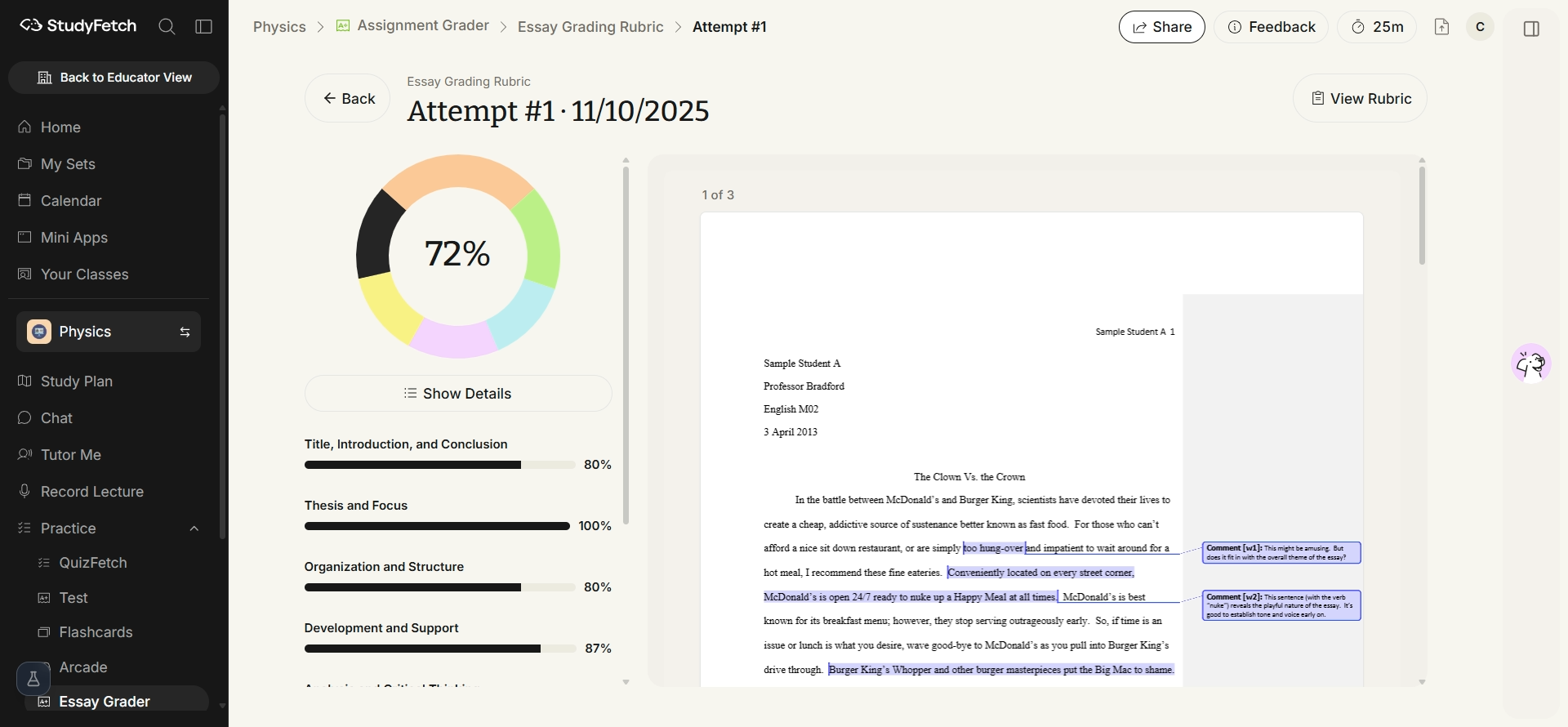 The Assignment results page. A left panel shows the overall score as a percentage with a bar for each rubric category and a Show Details control, and a right panel shows the submitted document with inline highlighted comments.