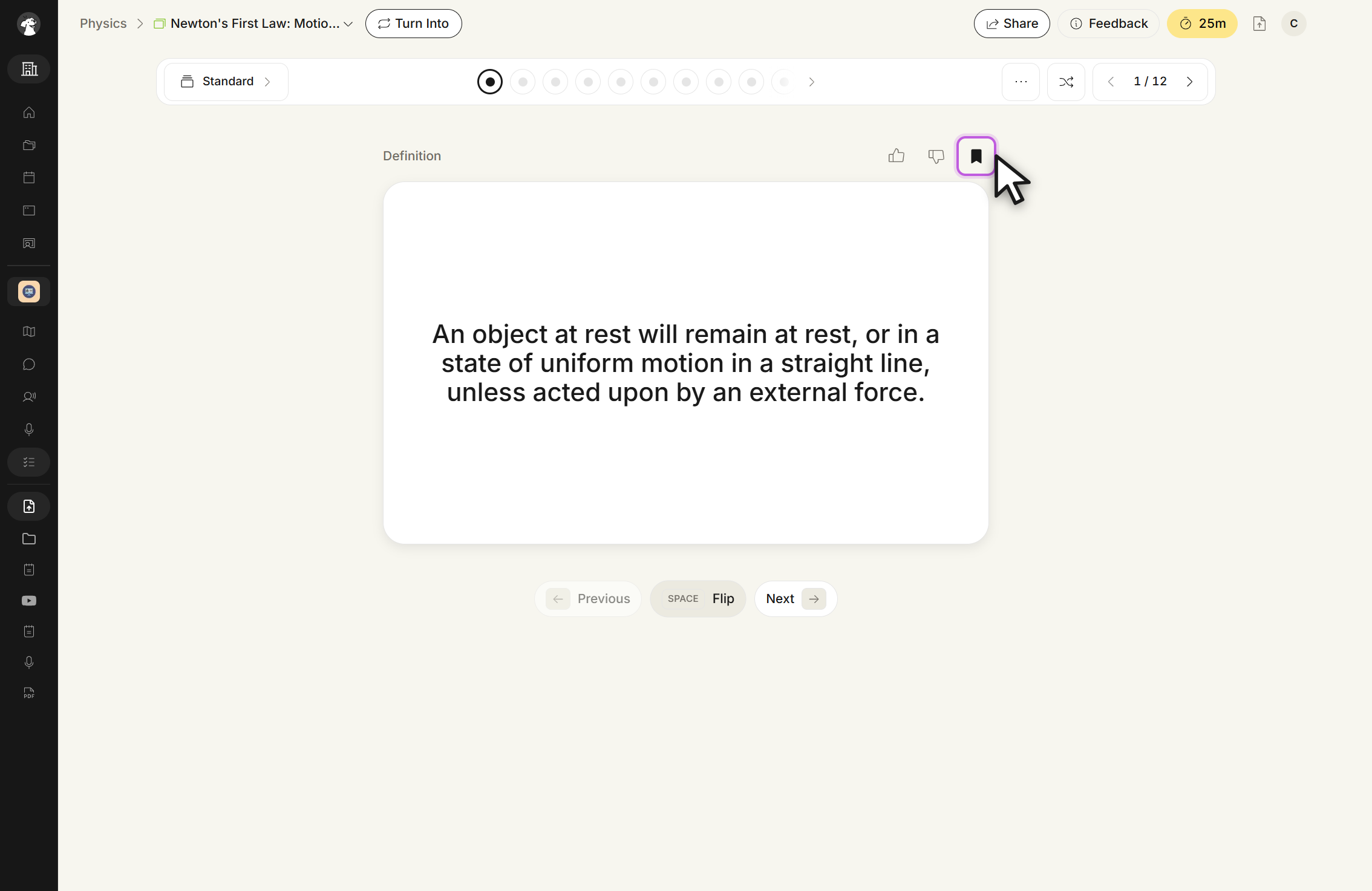 The flashcard study screen in Standard mode with the card flipped. The back of the card is labelled Definition. Thumbs up, thumbs down and bookmark icons sit above the card, with the cursor on the bookmark icon, and Previous, SPACE Flip and Next buttons sit below. The toolbar holds the Standard mode selector, progress dots, a shuffle icon and a card position counter.