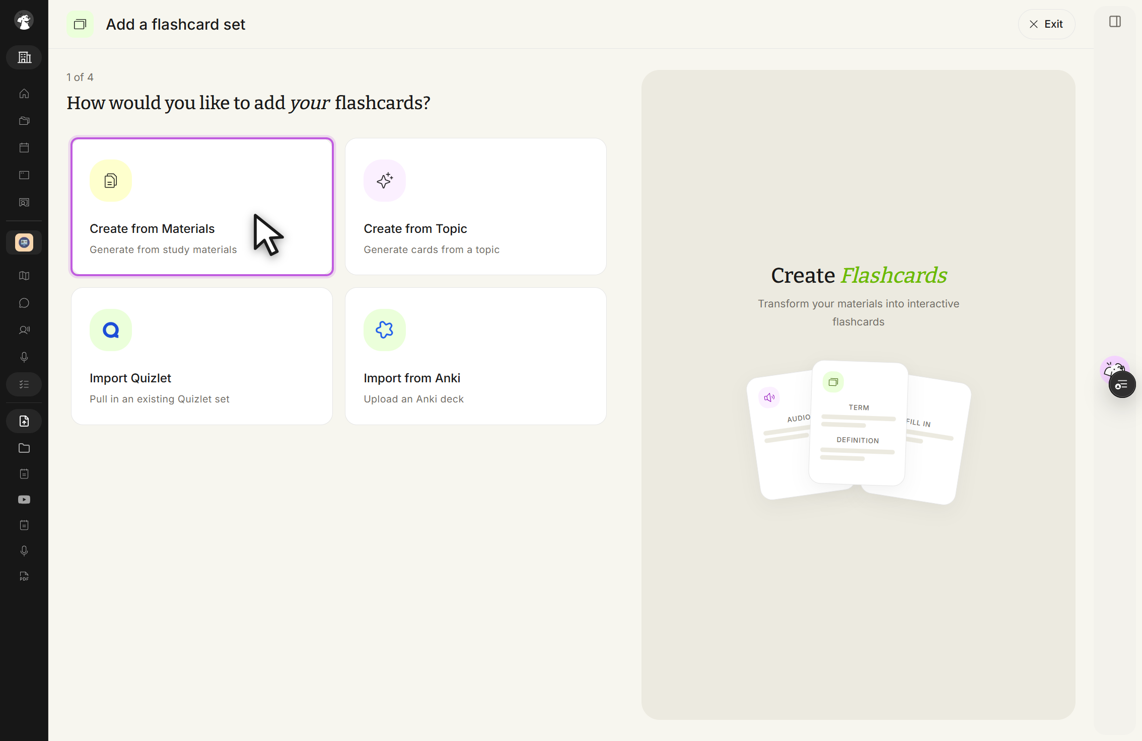 Step 1 of 4 of the Add a flashcard set screen, headed How would you like to add your flashcards?, with four option tiles: Create from Materials under the cursor, Create from Topic, Import Quizlet and Import from Anki. A preview panel on the right reads Create Flashcards, and an Exit button sits at the top right.