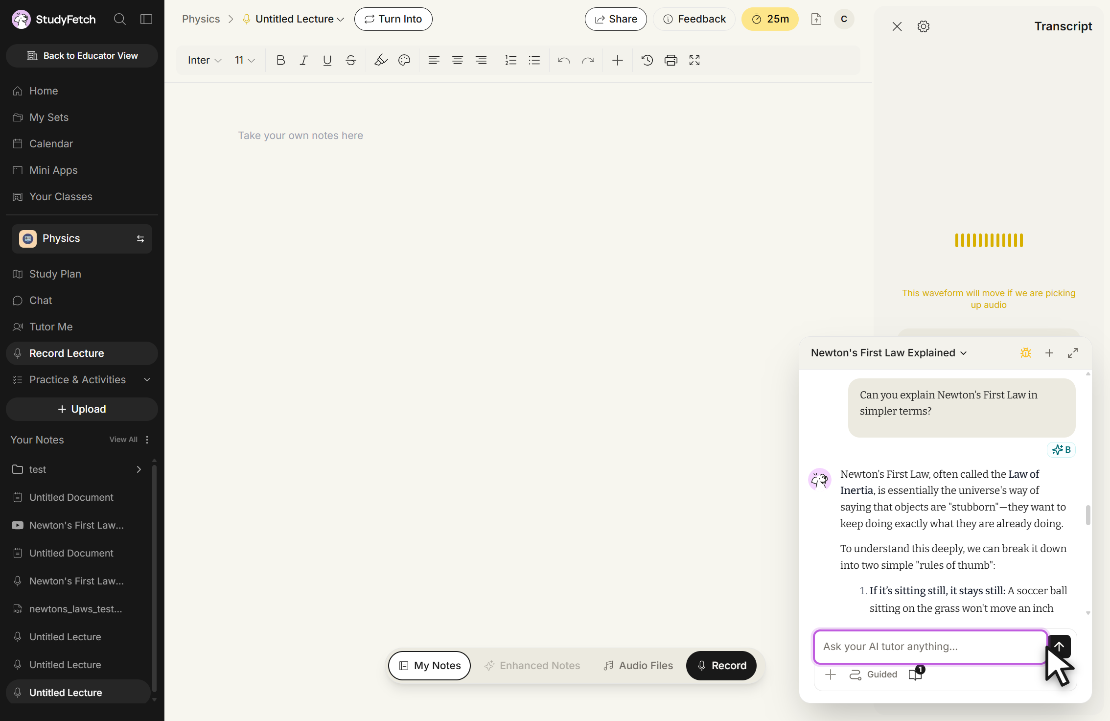 A Live Lecture session with the Sparky chat panel open at the lower right. The panel is headed with the chat title and shows the reader's question with Sparky's reply below it. The message box reading Ask your AI tutor anything... is outlined, with the cursor on the send button beside it.