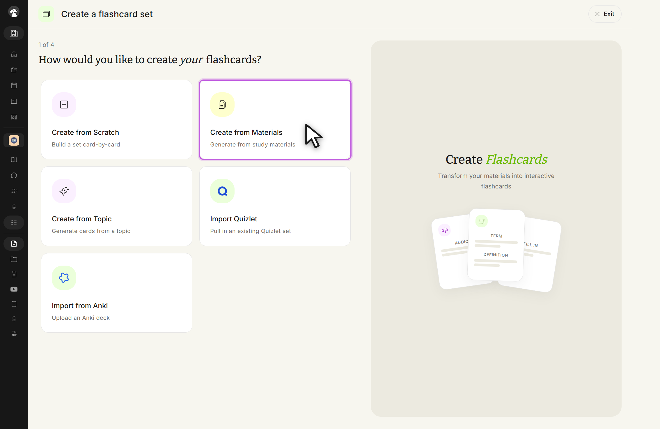 Step 1 of 4 of the Create a flashcard set screen, headed How would you like to create your flashcards?, with five option tiles: Create from Scratch, Create from Materials, Create from Topic, Import Quizlet, and Import from Anki. Create from Materials is highlighted under the cursor. A preview panel on the right reads Create Flashcards, and an Exit button sits at the top right.