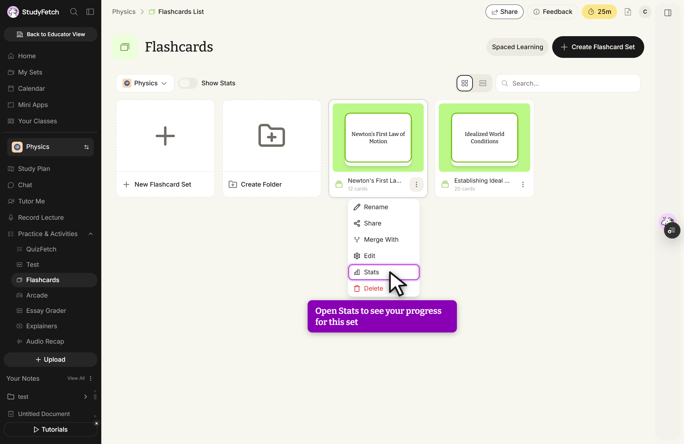 The Flashcards page with the three dot menu open on a saved flashcard set card. The menu lists Rename, Share, Merge With, Edit, Stats under the cursor, and Delete. The New Flashcard Set and Create Folder tiles and the other saved set cards sit alongside.