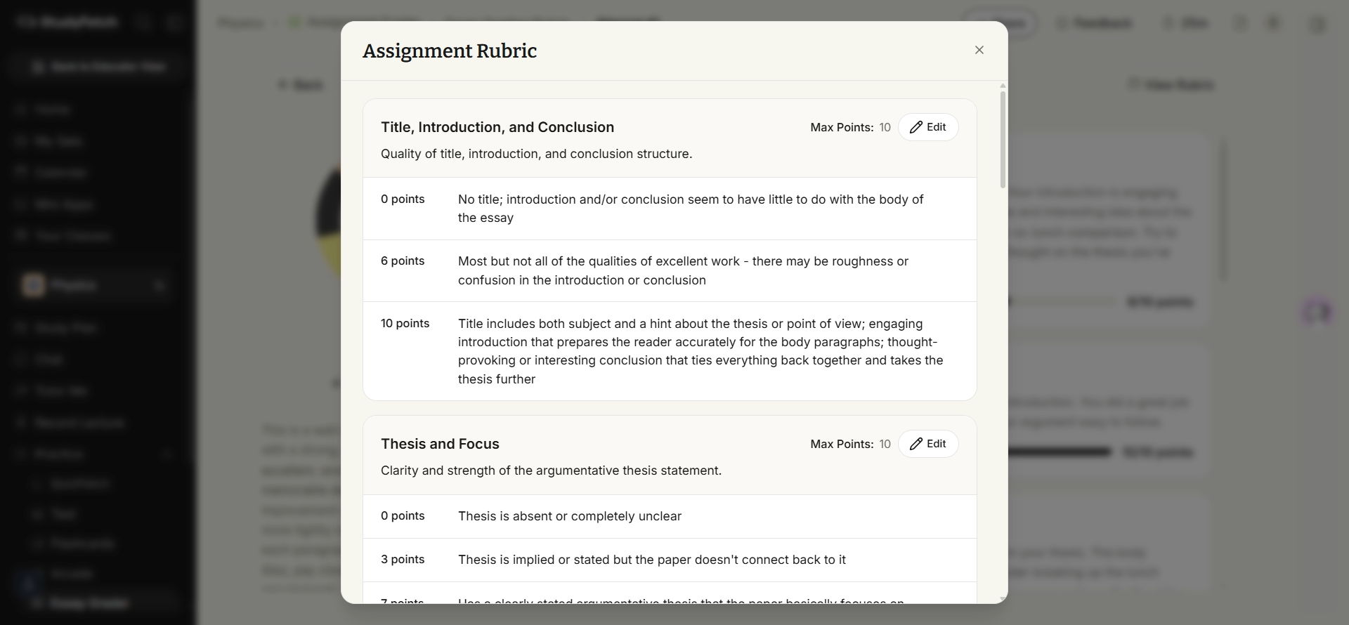 An Assignment Rubric popup showing point breakdowns and descriptions for each grading category.