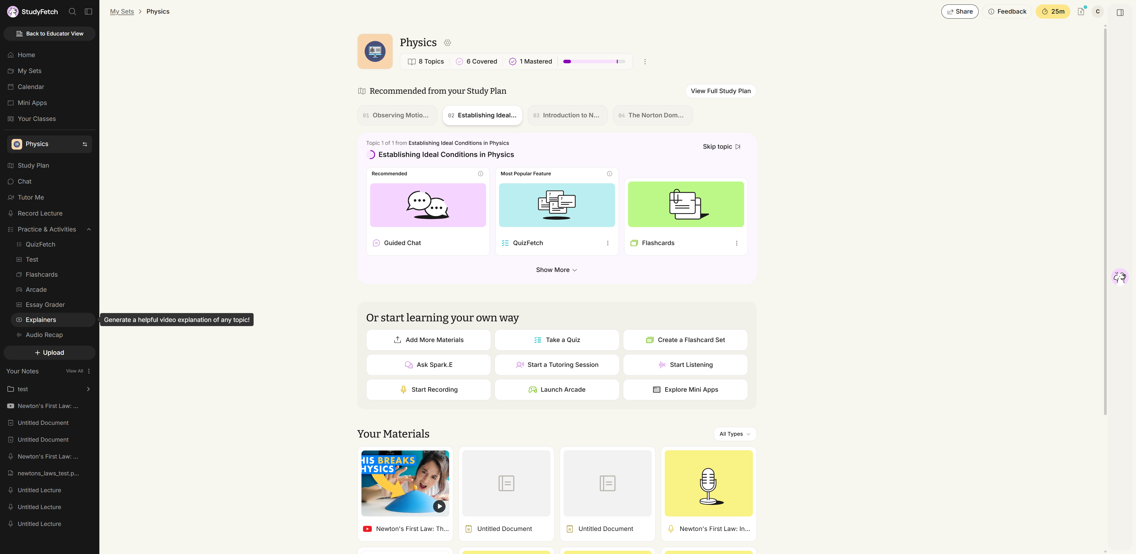 A study set page in StudyFetch. In the left sidebar the Practice & Activities group is expanded to show QuizFetch, Test, Flashcards, Arcade, Essay Grader, Explainers, and Audio Recap. The pointer rests on Explainers and a tooltip reads Generate a helpful video explanation of any topic!