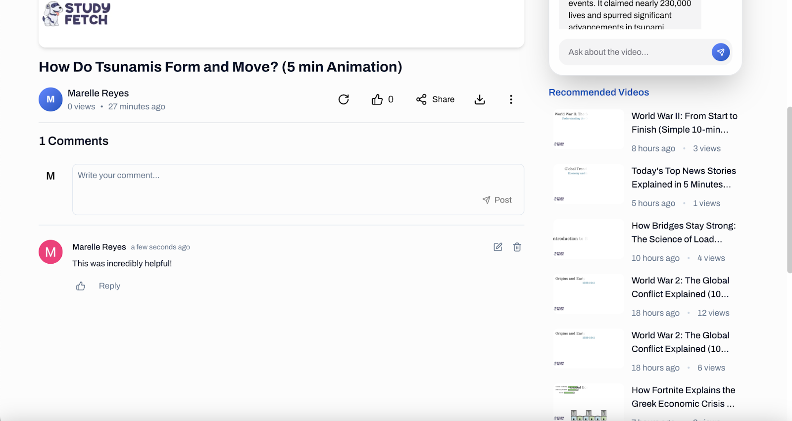 The page scrolled below the video How Do Tsunamis Form and Move? (5 min Animation) by Marelle Reyes, 0 views. The heading reads 1 Comments, with an empty Write your comment... box and a Post button, and one posted comment from Marelle Reyes reading This was incredibly helpful! with like and Reply beneath it. A Recommended Videos list runs down the right side.
