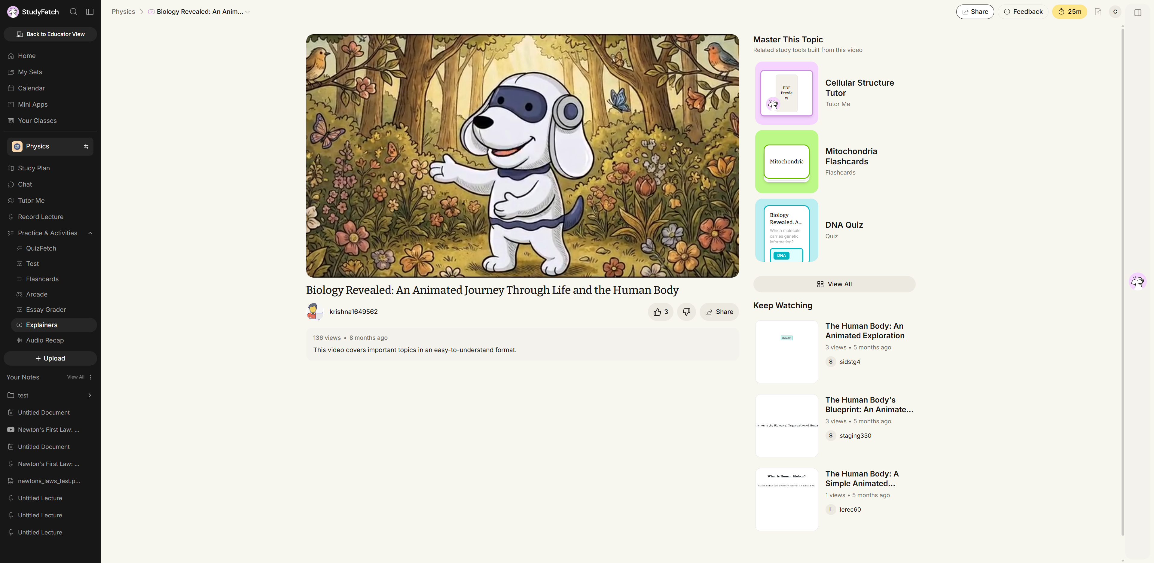 The Explainer video watch page. The player fills the middle of the page. Below it are the video title, the creator name, like and dislike buttons, a Share button, a line giving the view count and how long ago the video was made, and the description. On the right, Master This Topic, Related study tools built from this video, lists suggested study tools above a View All button, and a Keep Watching list of similar videos sits below it.